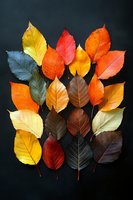Colorful autumn leaves arranged in rows on black background, showcasing seasonal gradient from yellow to red and brown tones for nature-inspired design.
