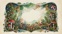 Watercolor forest frame with mushrooms, ferns and woodland plants creating decorative border on textured paper background for nature designs.