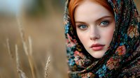 Young woman with red hair and blue eyes wearing floral headscarf in soft natural lighting against blurred wheat field background, romantic countryside portrait.