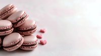 Pink macarons with chocolate filling stacked on light background with small heart decorations, romantic pastry composition for Valentine's Day celebration.