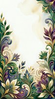 Ornamental floral border frame with purple, green, and gold decorative leaves and scrolls on cream background, isolated design element for invitations, cards, and print projects.
