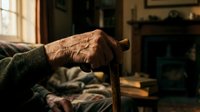 Elderly person's weathered hands gripping wooden walking cane in cozy home interior with warm lighting and vintage furniture for healthcare concepts.