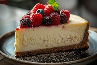 Slice of creamy cheesecake topped with fresh mixed berries including strawberries, raspberries, blackberries and blueberries on dark plate with powdered sugar dusting.
