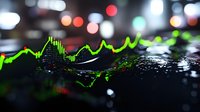 Glowing green financial chart line with bokeh light effects on dark background showing market data analysis and trading performance metrics.