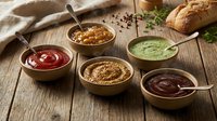 Assorted colorful sauces and condiments in wooden bowls on rustic table with bread and herbs for cooking and dining.
