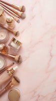 Luxury rose gold makeup brushes and cosmetics arranged on pink marble background with copy space for beauty and skincare branding.