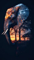 Double exposure artistic composition combining African elephant silhouette with savanna sunset landscape, featuring dramatic orange and blue color palette against dark background.