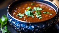 Homemade spicy lentil soup garnished with fresh cilantro in traditional blue ceramic bowl. Rich brown broth with aromatic herbs and vegetables for healthy meal.