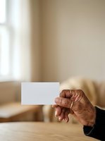 Mature woman with medium brown skin tone holding blank white business card in hand indoors near window with natural light for corporate branding mockup.
