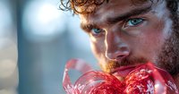 Young Caucasian male with intense blue eyes and curly hair holds pink crystal heart in dramatic lighting, creating mysterious romantic mood for valentines and love concepts.