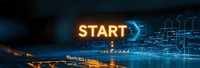 Glowing START text with digital circuit board patterns and blue technology elements on dark background for business and innovation concepts.
