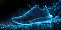 Glowing blue wireframe running shoe with particle effects and light trails on dark background, modern sports technology concept for athletic footwear design.