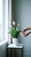 Woman caring for white peace lily houseplant by window in modern minimalist home interior with natural light and soft blue walls.