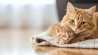 Orange tabby cat with kitten resting on newspaper in cozy home interior. Domestic feline family bonding moment for pet care and animal welfare concepts.
