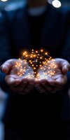 Glowing network sphere with connected dots and lines floating above cupped hands against dark background, representing digital transformation and connectivity.
