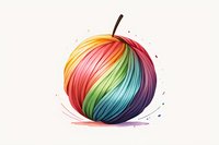 Colorful rainbow yarn ball with gradient colors from yellow to purple, artistic watercolor splashes and flowing lines on white background, isolated design element.