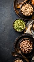 Legumes and pulses in rustic bowls arranged on dark slate surface with wooden spoons and linen cloth, overhead view for food styling and culinary content.
