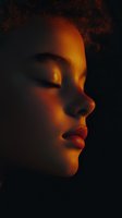 Side profile of young African woman with closed eyes in dramatic orange lighting against dark background, creating mysterious atmospheric mood.