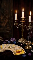 Ornate brass candelabra with burning candles illuminates tarot cards and healing crystals on dark wooden table creating mystical fortune telling atmosphere.