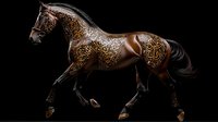 Brown horse with ornate golden swirl pattern decorations on body galloping gracefully against dark background, side view of equine in motion showing detailed markings.