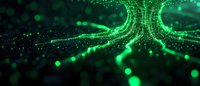 Futuristic green digital network with glowing particles and light trails forming a tunnel-like structure against dark background for technology concepts.