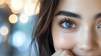Close-up portrait of young woman with brown eyes and natural makeup showcasing flawless skin and long eyelashes for beauty and skincare concepts.