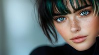 Young woman with striking blue eyes, freckles, and short dark hair with teal highlights against blurred background. Natural beauty portrait showcasing unique features and modern style.