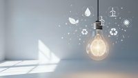 Glowing light bulb with eco-friendly icons floating around including recycling symbols, water drops, leaves and wind turbines on clean modern background.