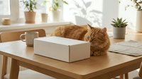 Ginger cat resting its head on a white cardboard box on a wooden table in a cozy bright home interior with plants.