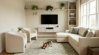 Modern minimalist living room interior with beige sectional sofa, wall-mounted TV, floating shelves with plants, and dog on patterned rug by large window.
