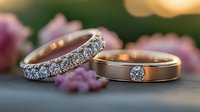 Elegant wedding rings with diamonds on blurred floral background, rose gold and classic bands with crystal details captured in romantic soft focus setting.