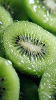 Fresh sliced kiwi fruit with water droplets in macro view showing detailed texture of seeds and flesh, bright green color and juicy appearance.