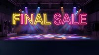 Neon final sale sign glowing in yellow and pink letters on dark stage with colorful spotlights and silhouettes of people shopping in background.
