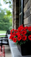 Vibrant red petunias blooming in black window box against brick wall, with blurred porch bench and green summer garden background creating cozy outdoor atmosphere.