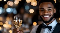Young African American man in black tuxedo and bow tie holding champagne glass at elegant evening celebration with bokeh lights background.