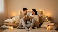 Young couple in cozy pajamas enjoying hot drinks together in romantic candlelit bedroom setting with warm ambient lighting for intimate evening relaxation.
