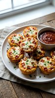 Cheesy bacon potato cups with melted cheese and herbs served on white plate with marinara dipping sauce on rustic wooden table for appetizer recipes.