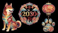 Chinese New Year 2030 Year of the Dog clipart set, isolated on transparent background. Shiba Inu, lantern, paw print, festive badge for t-shirts, stickers, print on demand.