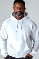 Mature African American man with gray beard wearing white hoodie smiling confidently against light background. Professional portrait for lifestyle and fashion advertising.