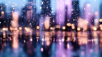 Blurred cityscape with bokeh lights and rain streaks creating an atmospheric urban scene with purple and golden tones reflecting on wet surfaces.