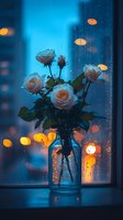 White roses in glass vase on rainy window sill at dusk, with bokeh city lights creating magical atmosphere and moody blue orange color palette.