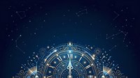 Ornate zodiac wheel with roman numerals and constellation patterns on deep blue starry night background, suitable for astrology, horoscope, and mystical design projects.