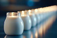 Glass jars filled with fresh milk or yogurt arranged in diminishing perspective row on reflective surface against blurred blue background with soft lighting.