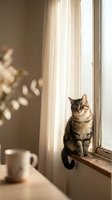 Tabby cat sitting on windowsill in warm sunlight with soft curtains and cozy home interior atmosphere for pet lifestyle content.