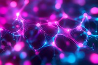 Glowing neural network visualization with pink and blue connections on dark background, abstract science concept showing synaptic activity and artificial intelligence.