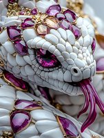 Luxurious white snake sculpture adorned with purple gemstones and gold details, featuring intricate scale patterns and dramatic jeweled embellishments in macro photography.