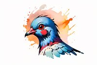 Artistic watercolor style illustration of a blue pigeon head with vibrant splashes and paint splatters perfect for modern wall art, greeting cards, and nature-themed designs.