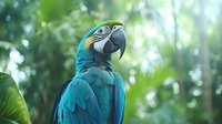 Vibrant blue and gold macaw parrot perched against lush tropical foliage background with soft bokeh effect, showcasing detailed feathers and distinctive curved beak.