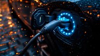 Electric vehicle charging port glowing blue at night with dramatic orange sparks and raindrops, showing modern sustainable transportation technology.