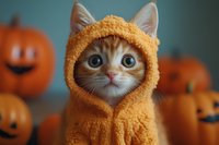 Ginger tabby kitten wearing knitted orange hood with pointed ears, surrounded by jack-o-lantern pumpkins on blue background. Suitable for Halloween greeting cards and seasonal marketing.